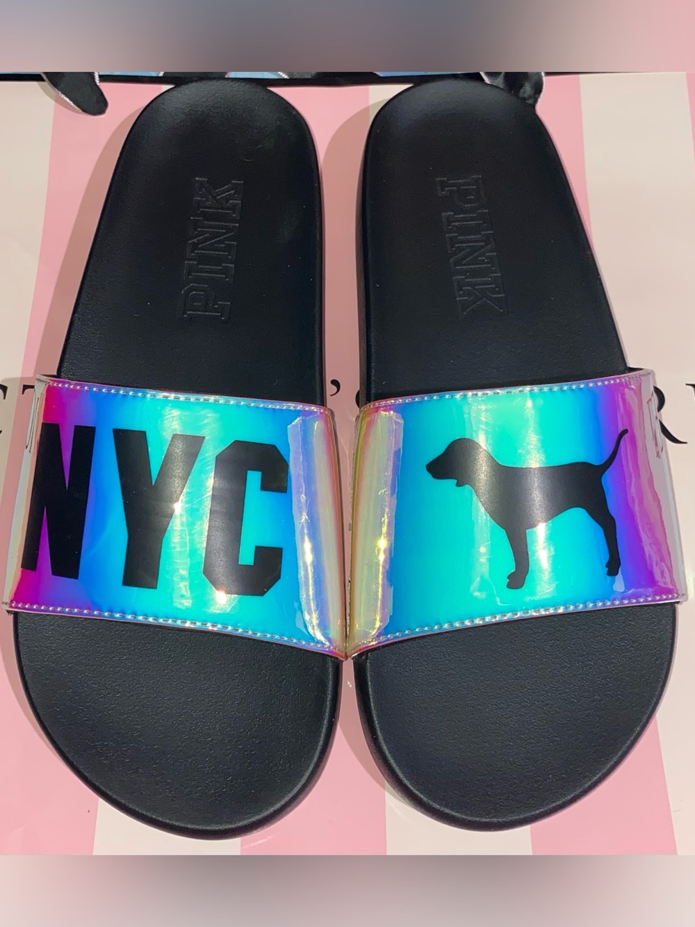 New Victoria's Secret PINK slides iridescent flip flops VS pink dog sandals NYC